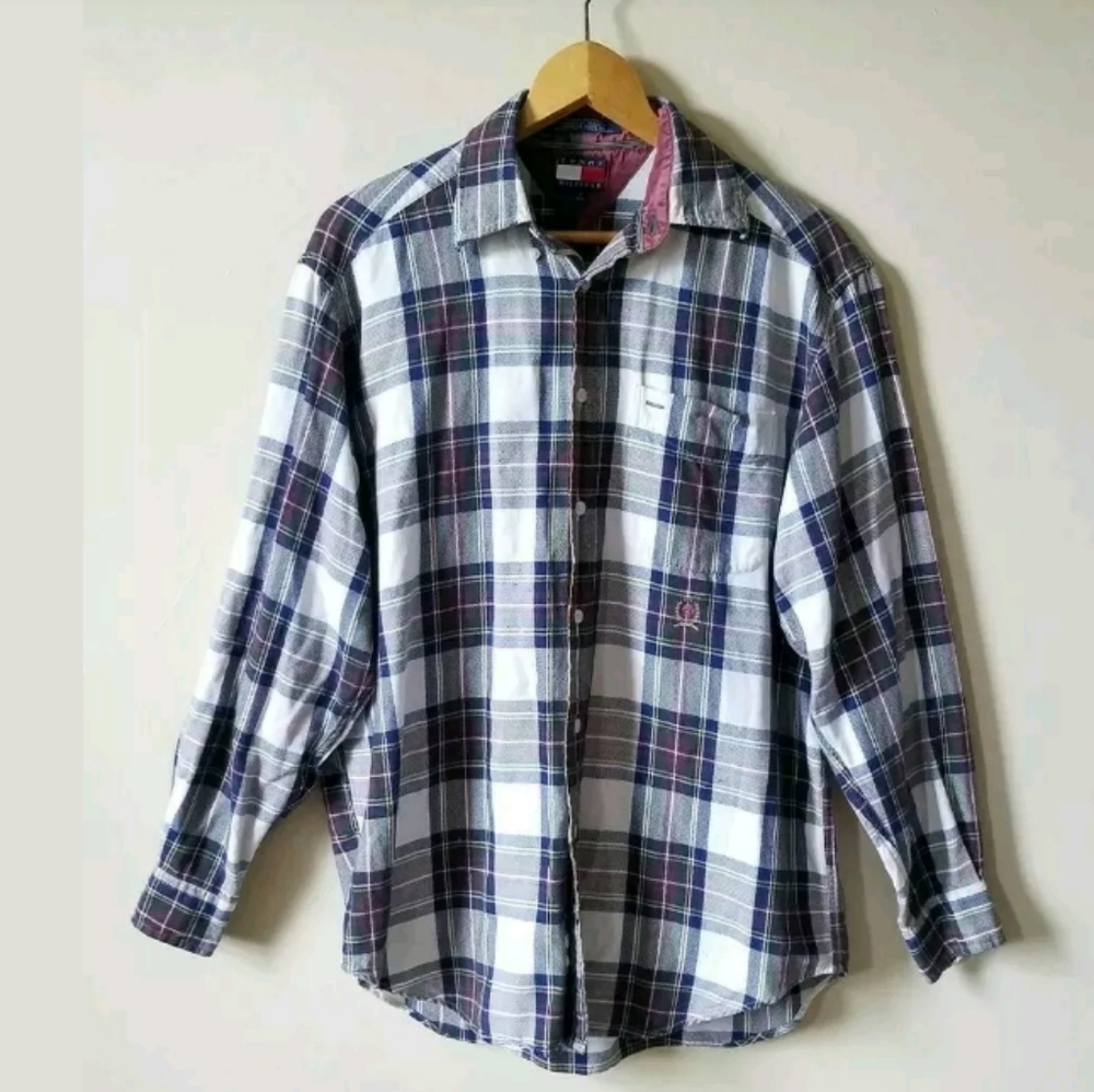 Vintage Tommy Hilfiger Crest Button Up Plaid Long Sleeve Shirt Small Medium